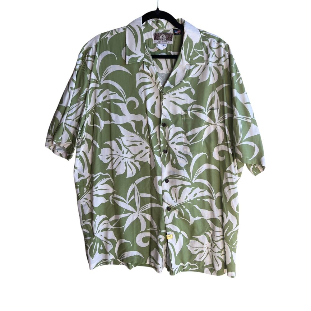 Vintage Kalaheo Men's XL Leaf Floral Tropical Hawaiian Shirt Green/White Aloha